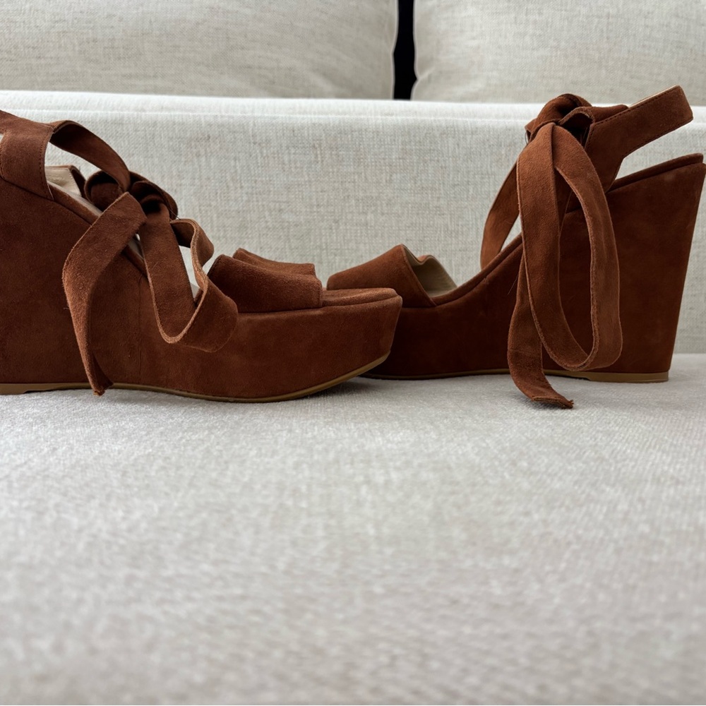 Women’s Stuart Weitzman Brown Suede Platform Wedge Sandals with Ankle Tie